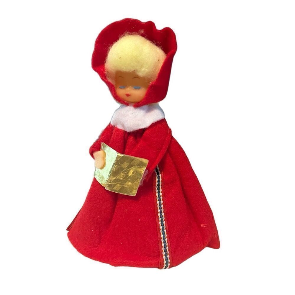 Vintage Christmas Angel Caroler Tree Topper Choir Red Felt Dress Paper Cone 9”